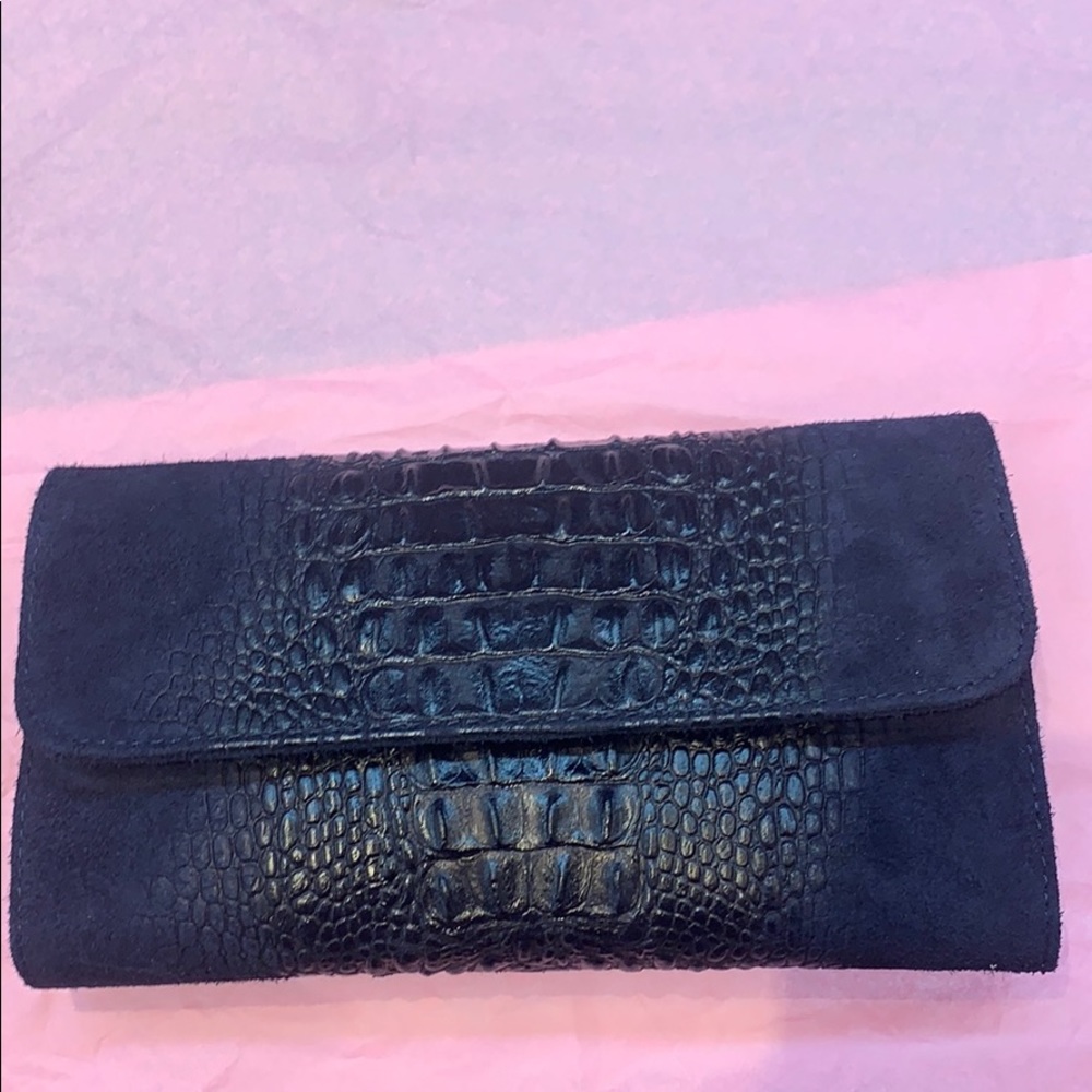 Navy blue croc and suede clutch